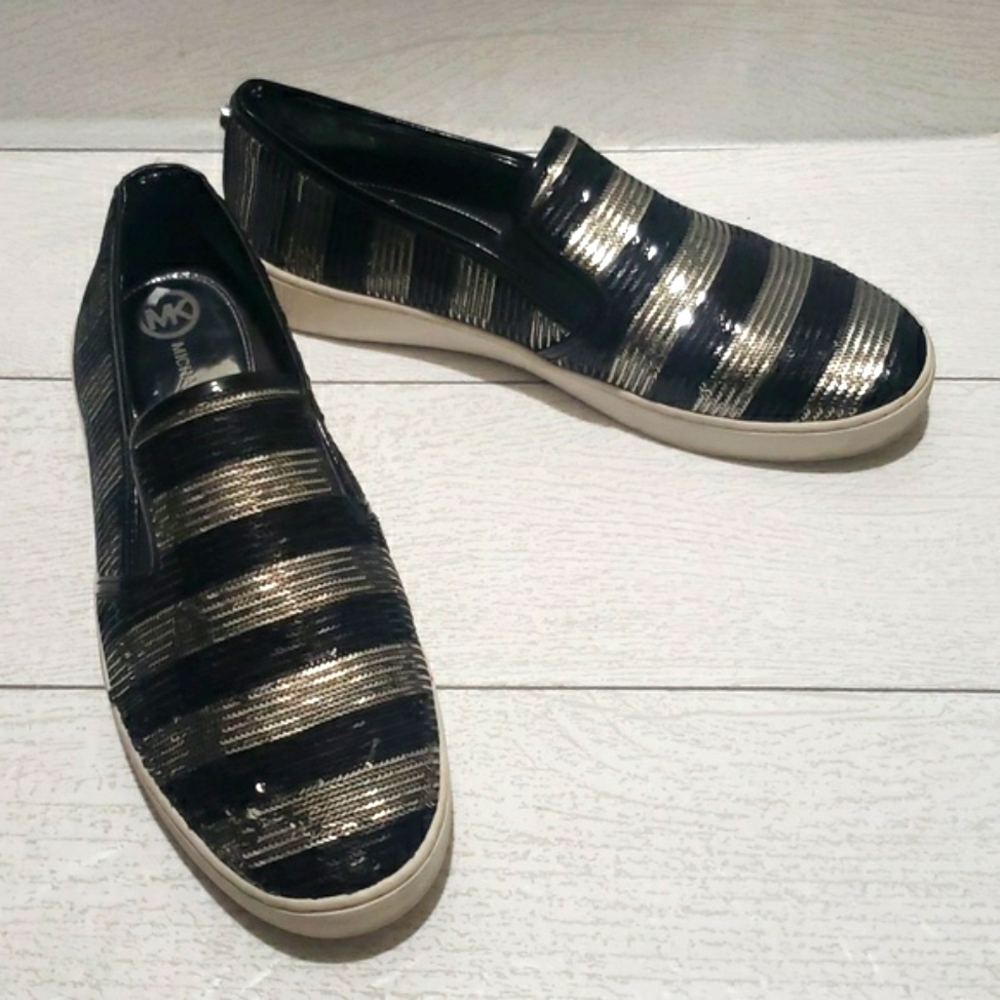 Mk 8.5 black and silver sequin flat loafers